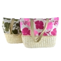 Flower Pattern Canvas with Corn Husk Straw Base Tote Bag 